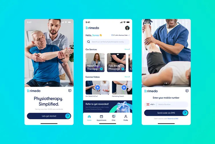 Rimeda physiotherapy booking mobile app design